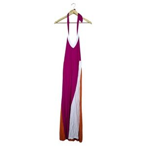Young Fabulous & Broke Fuchsia Halter Maxi Dress with White & Orange Panels